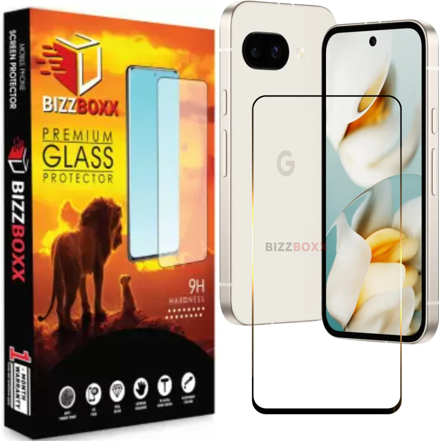 Image of BizzBoxx Edge To Edge Screen Guard for Google Pixel 9A, Pixel 9A, Pixel 9 A, Google 9A, Precise Curved Edges, Scratch Guard, temper glass guard, screen guard, 6.28 Inch With Installation Kit