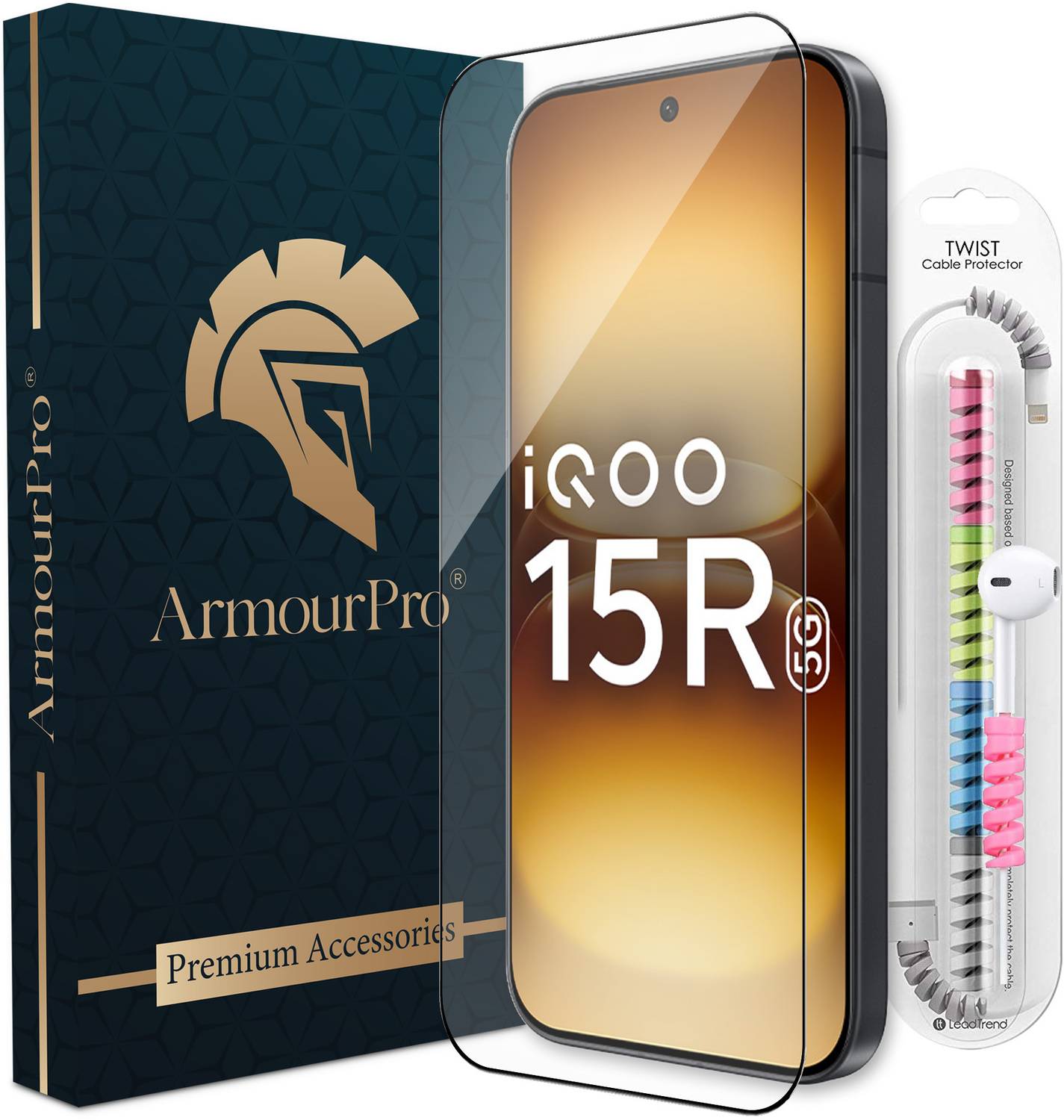 ArmourPro Edge To Edge Tempered Glass for IQOO 15R 5G, IQOO 15R, OG Tempered Glass with Cable Protector