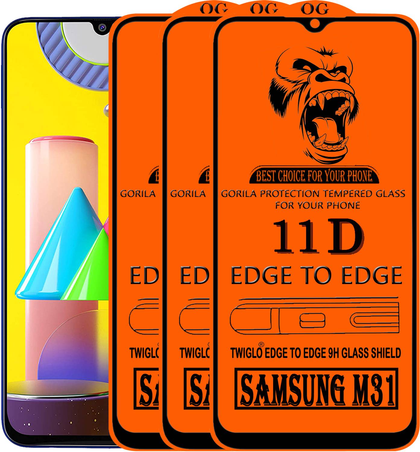TWIGLO Edge To Edge Tempered Glass for Samsung M31 Pack of 3 - Image 1