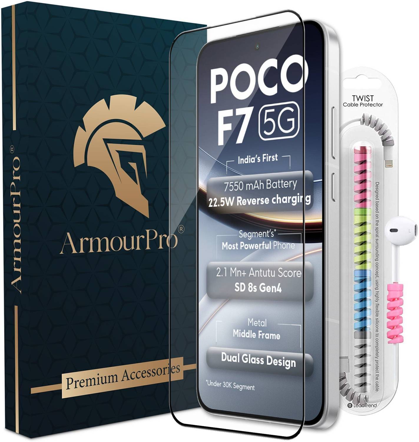 ArmourPro Edge To Edge Tempered Glass for Poco F7 5G, Poco F7, Tempered Glass With Cable Protector