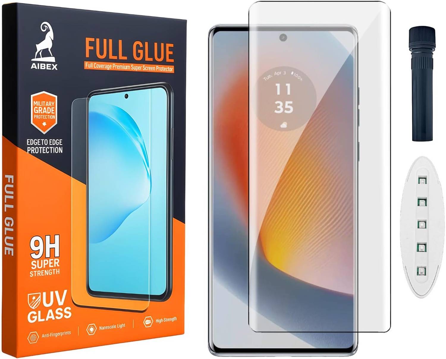 AIBEX Edge To Edge Tempered Glass for Motorola Edge 50 Fusion 5G Edge to Edge Full Coverage with UV Glue and UV Light Kit |9H Hardness Anti Scratch Anti Fingerprint HD Clear Display Guard