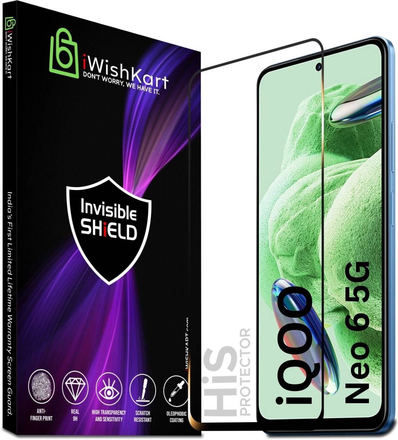 iWishKart Edge To Edge Screen Guard for IQOO Neo 6 5G, Premium Military grade Edge to Edge Premium gorilla temper black glass screen guard with Self Installation Guide - Wet & Dry wipes, Dust Absorber [With Warranty] mobile ka gilas cover