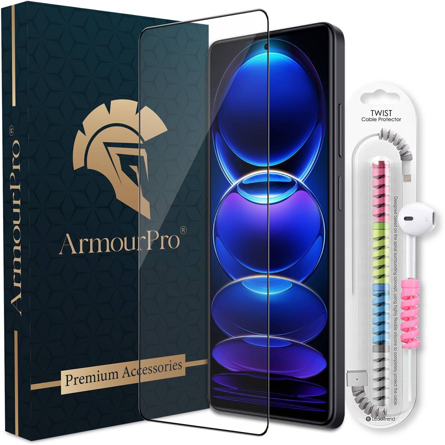 ArmourPro Edge To Edge Tempered Glass for Redmi Note 12 Pro 5G, Redmi Note 12 Pro, Temepred Glass With Cable Protector