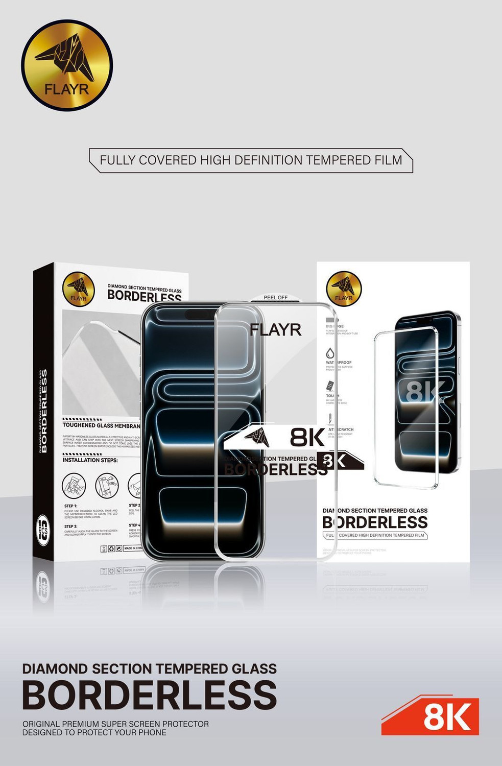 Image of FLAYR DIAMOND SECTION Edge To Edge Tempered Glass for IPHONE 15 /16 8K TEMPERED GLASS GUARD, BORDERLESS, ANTI FINGERPRINT, ULTRA PREMIUM QUALITY, 9H HARDNESS, 8K TEMPERED GLASS, SCREEN GUARD, FULL PROTECTION, DIAMOND SHINE, NO BOUNDRY (Pack of 1)