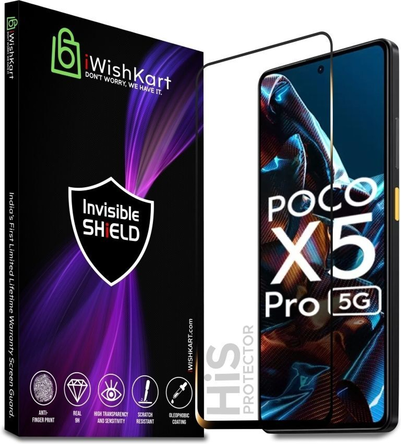 Image of iWishKart Edge To Edge Tempered Glass for Poco X5 Pro, Poco X5 Pro 5G, Poco X5Pro, PocoX5Pro, Premium Military grade Edge to Edge Premium gorilla temper black glass screenguard with Self Installation Guide - Wet & Dry wipes, Dust Absorber [With Warranty] mobile ka gilas cover