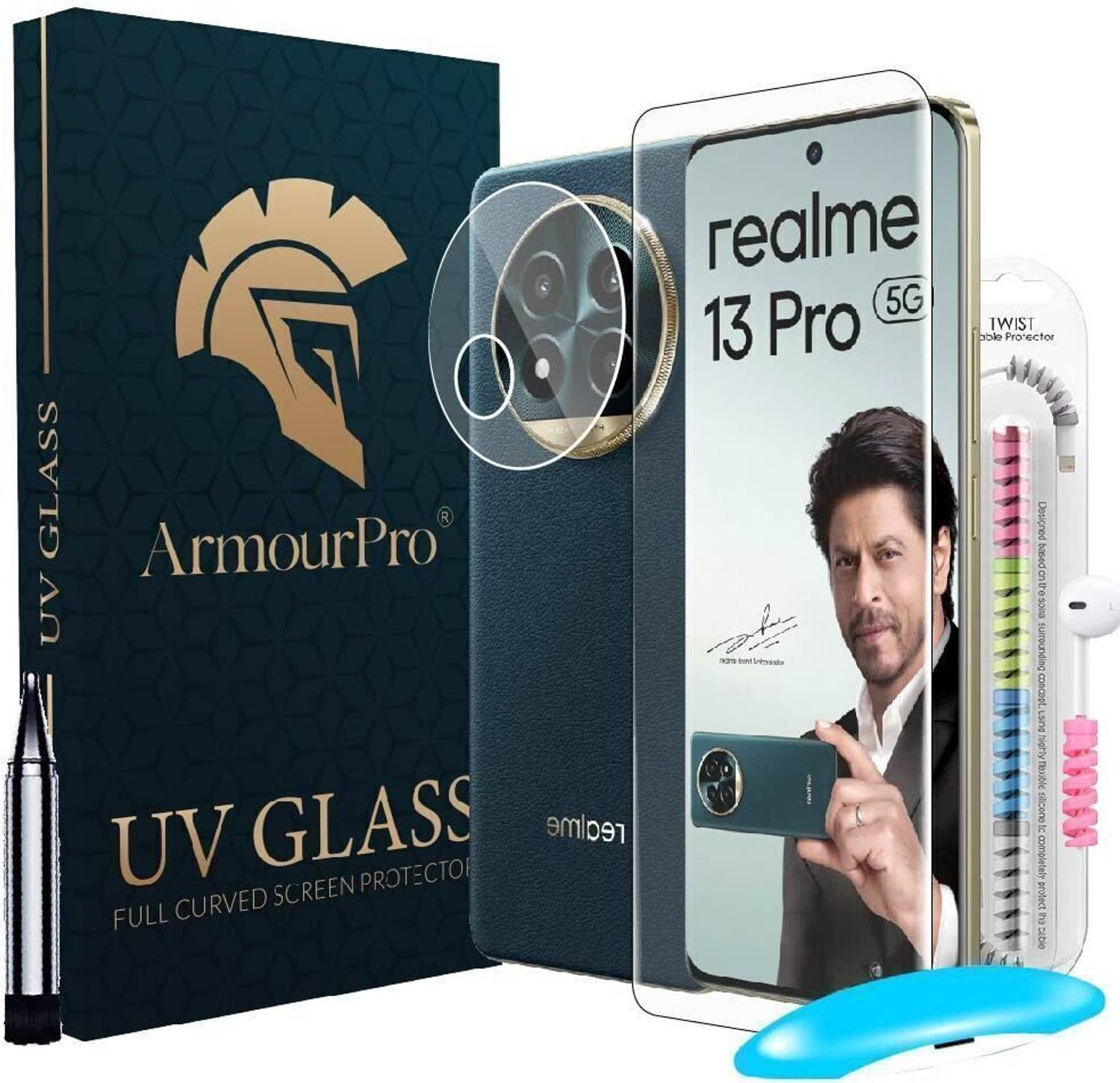 ArmourPro Edge To Edge Tempered Glass for Realme 13 Pro, Realme 13 Pro 5G, UV Glass with Camera Lens and Cable Protector