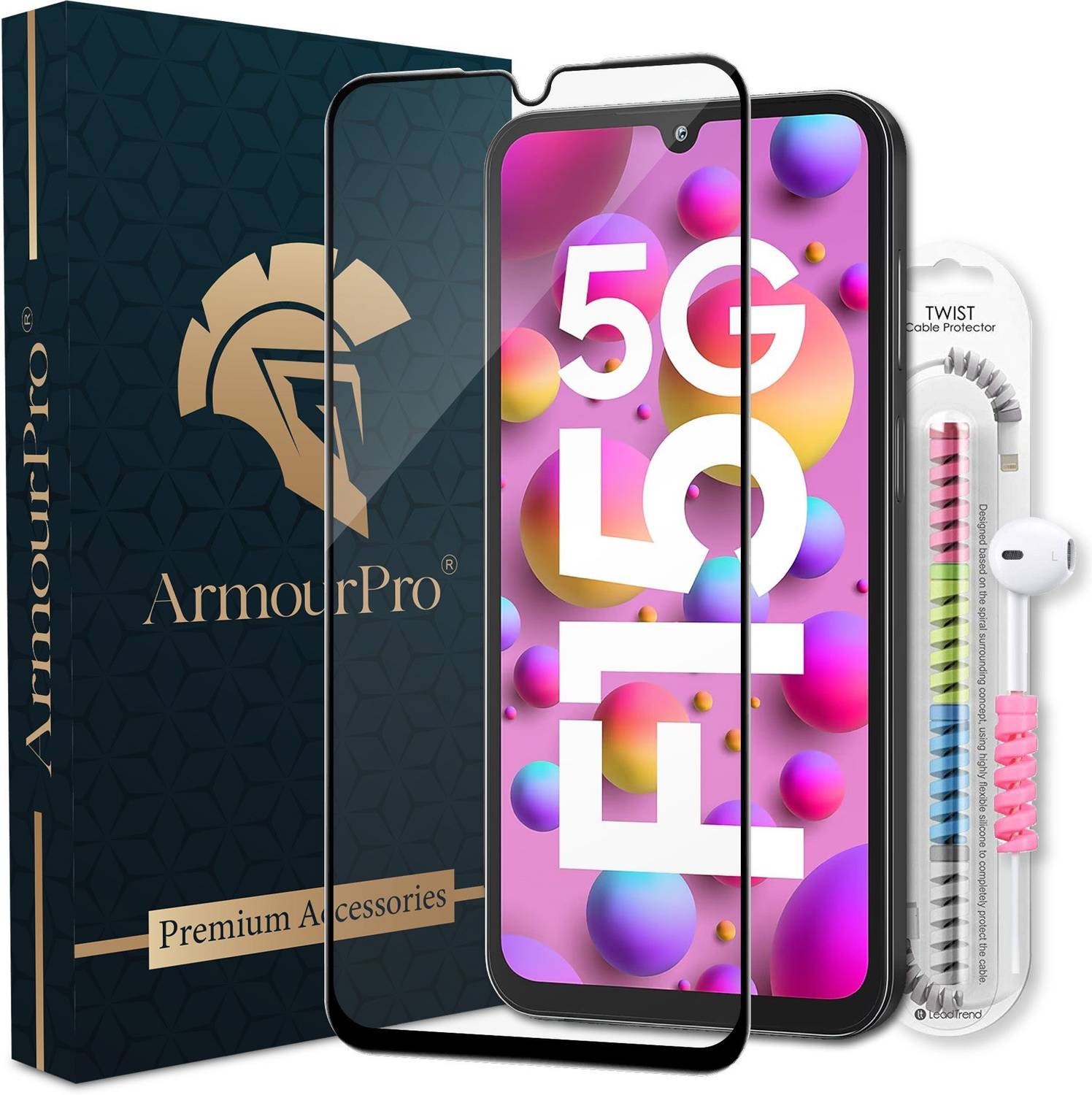 ArmourPro Edge To Edge Tempered Glass for Samsung Galaxy F15, Samsung M15, Samsung A15, Tempered Glass with Cable Protector