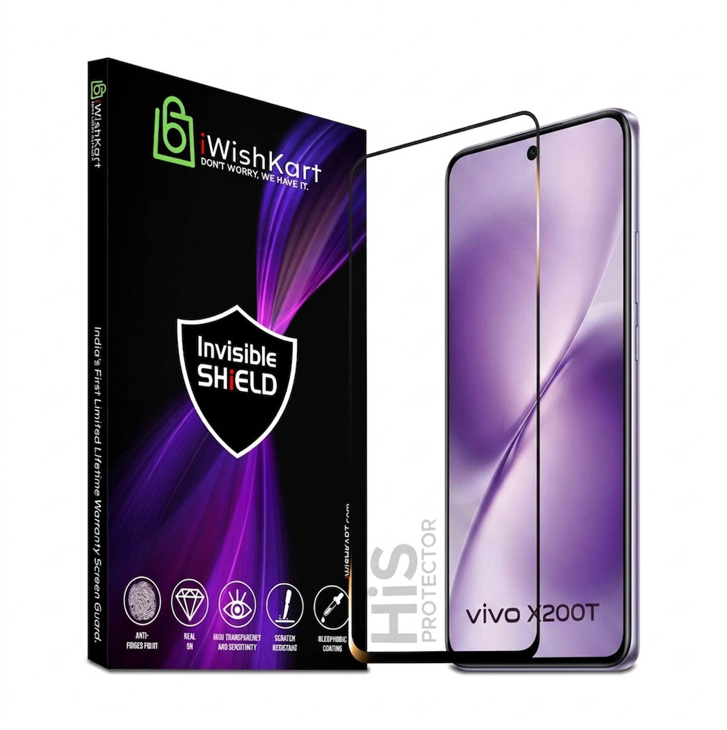 Image of iWishKart Edge To Edge Tempered Glass for vivo X200T 5G, Premium Military grade Edge to Edge Premium gorilla temper black glass screen guard with Self Installation Guide - Wet & Dry wipes, Dust Absorber | **60 Days With Warranty**