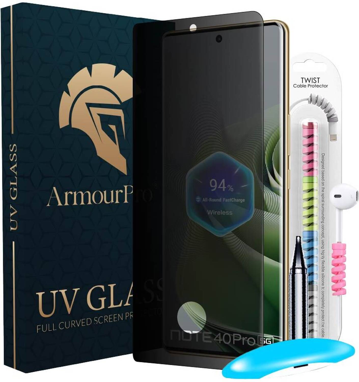ArmourPro Edge To Edge Tempered Glass for Infinix Note 40 Pro 5G, Note 40 Pro, Infinix Note 40 Pro Plus 5G, Privacy Anti Spy UV Glass & Cable Protector