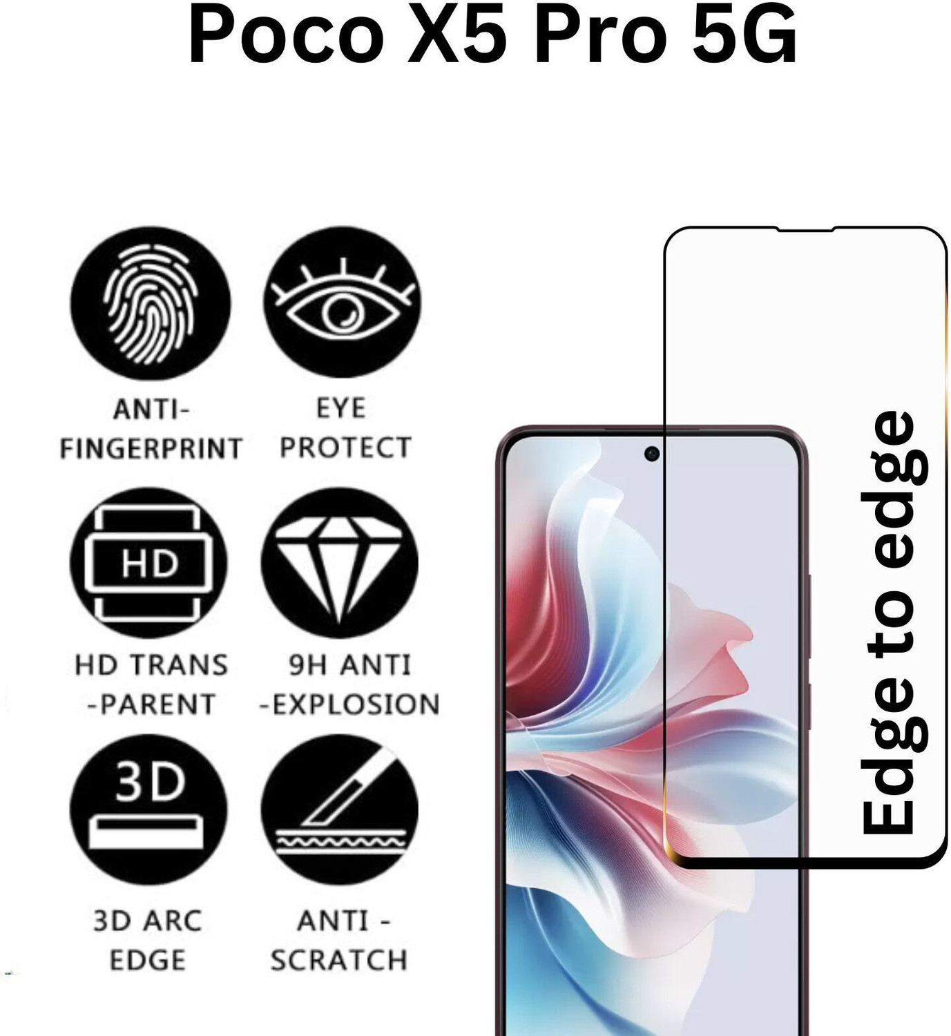 Image of iWishKart Edge To Edge Tempered Glass for Poco X5 Pro, Poco X5 Pro 5G, Poco X5Pro, PocoX5Pro, Premium Military grade Edge to Edge Premium gorilla temper black glass screenguard with Self Installation Guide - Wet & Dry wipes, Dust Absorber [With Warranty] mobile ka gilas cover