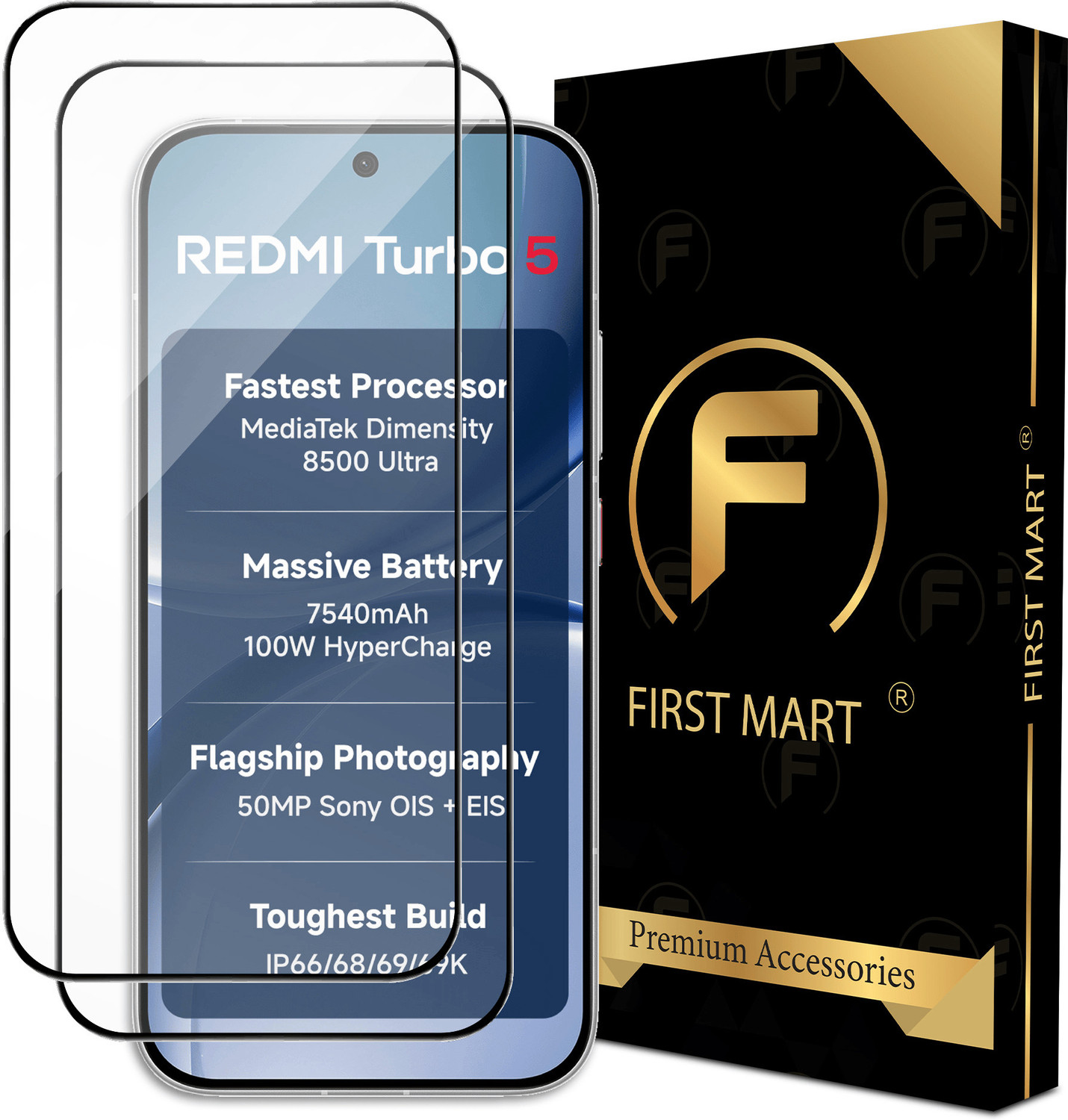 Image of FIRST MART Edge To Edge Tempered Glass for Redmi Turbo 5 5G, Redmi Turbo 5 (Pack of 2)