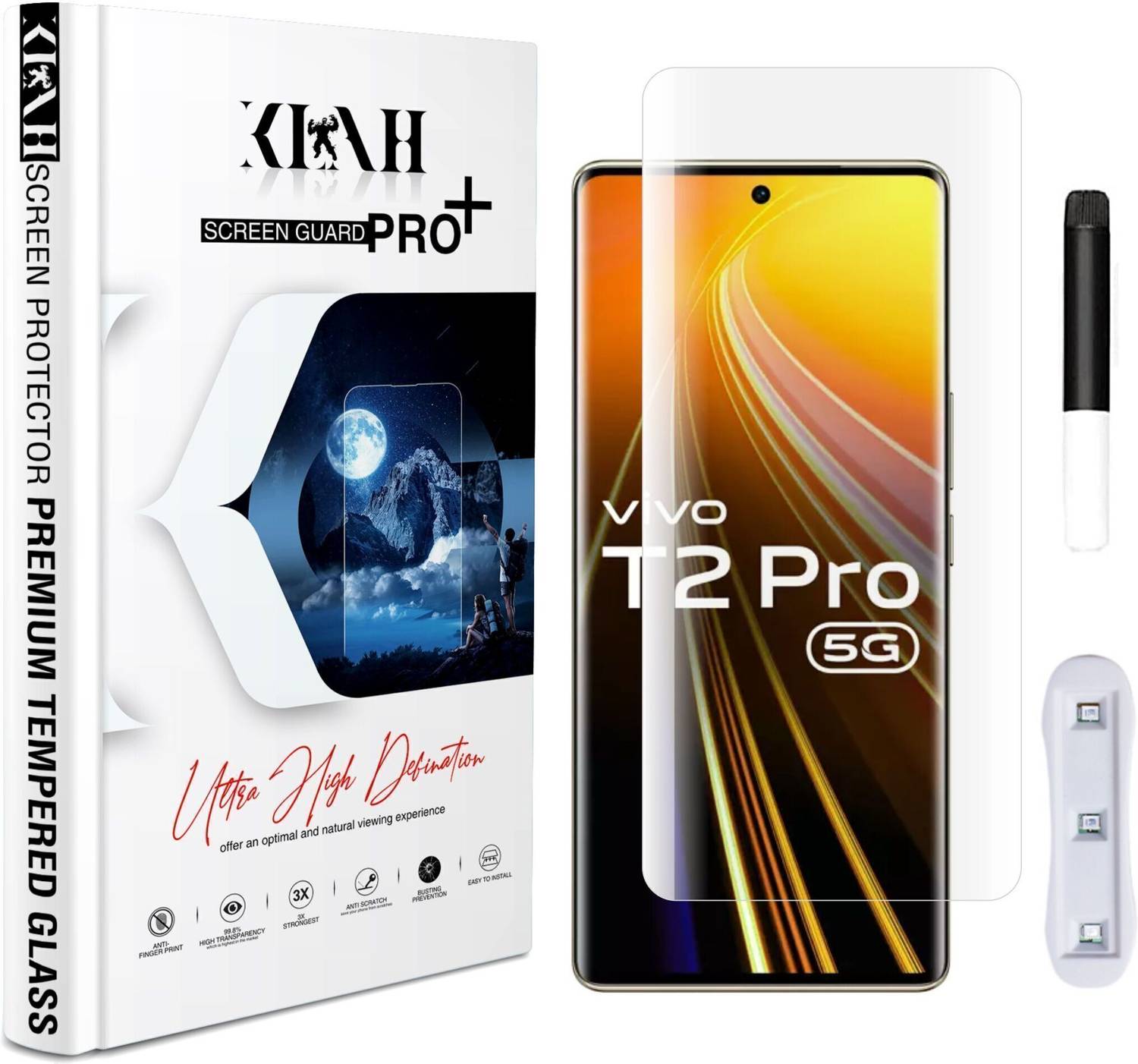 KLAH Edge To Edge Tempered Glass for Vivo T2 Pro 5G, With Advanced HD+ Curved UV Gorilla Glass Protection