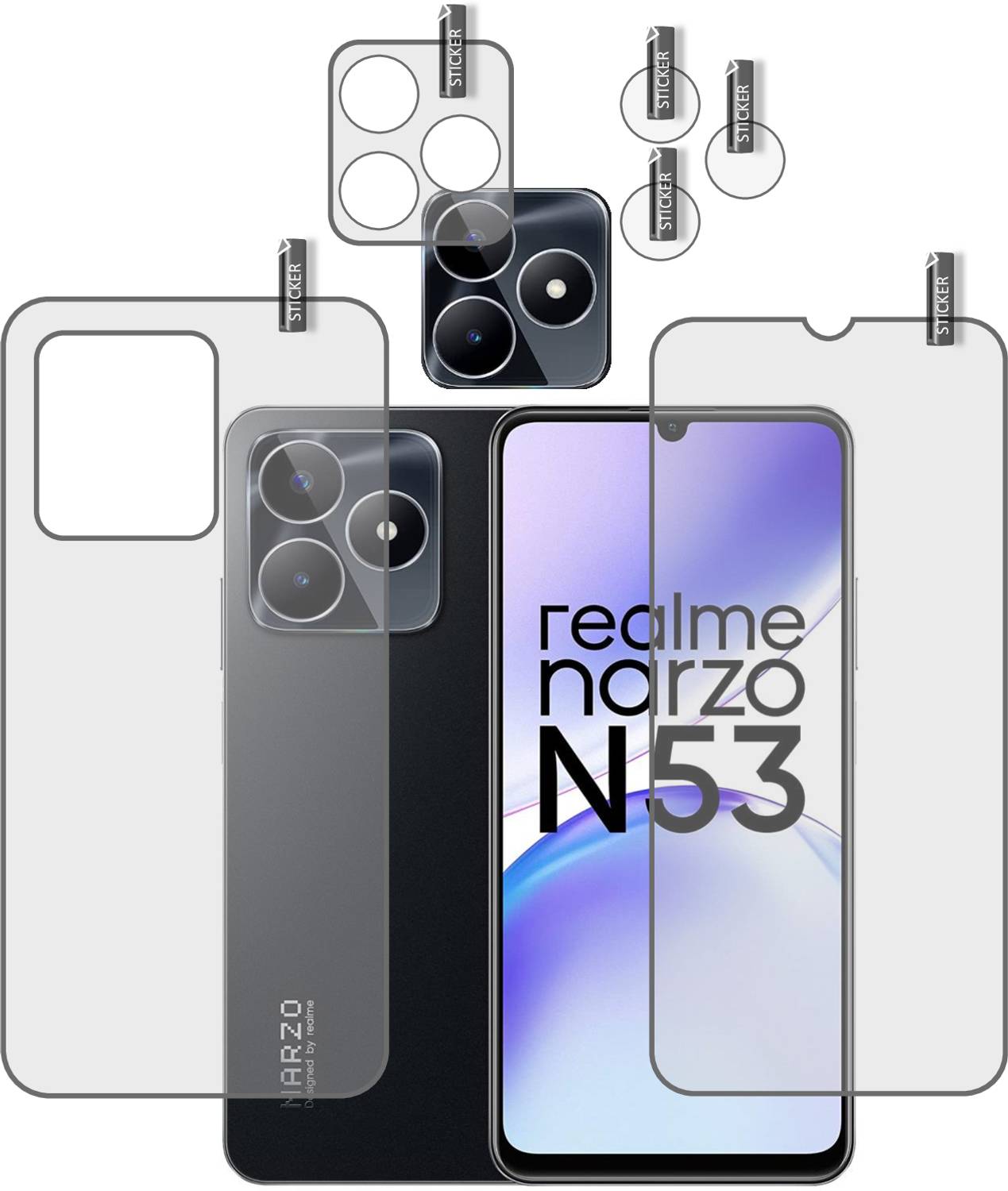 BOMGUARD Front and Back Screen Guard for REALME NARZO N53 with camera lens protector, REALME NARZO N53 camera lens