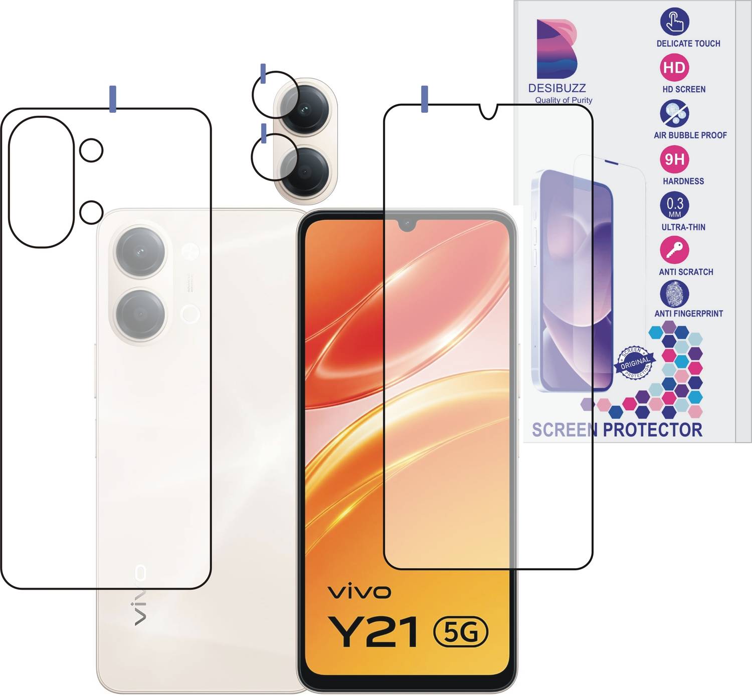 DESIBUZZ Front and Back Tempered Glass for vivo Y21 5G with camera lens protectors