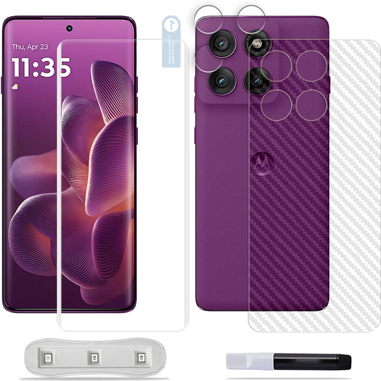 ARBAN Front and Back Tempered Glass for Motorola Edge 60 Pro 5G Tempered Glass Screen Protector ( 1 UV TEMPERED GLASS SCREEN PROTECTOR + 1 BACK CARBON FIBER SKIN + 1 CAMERA LENS PROTECTOR )