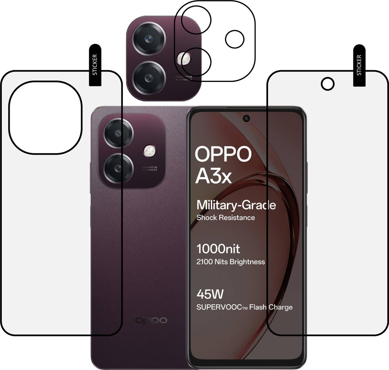 MOBKAVACH Front and Back Tempered Glass for OPPO A3X 5G WITH CAMERA LENS PROTECTOR