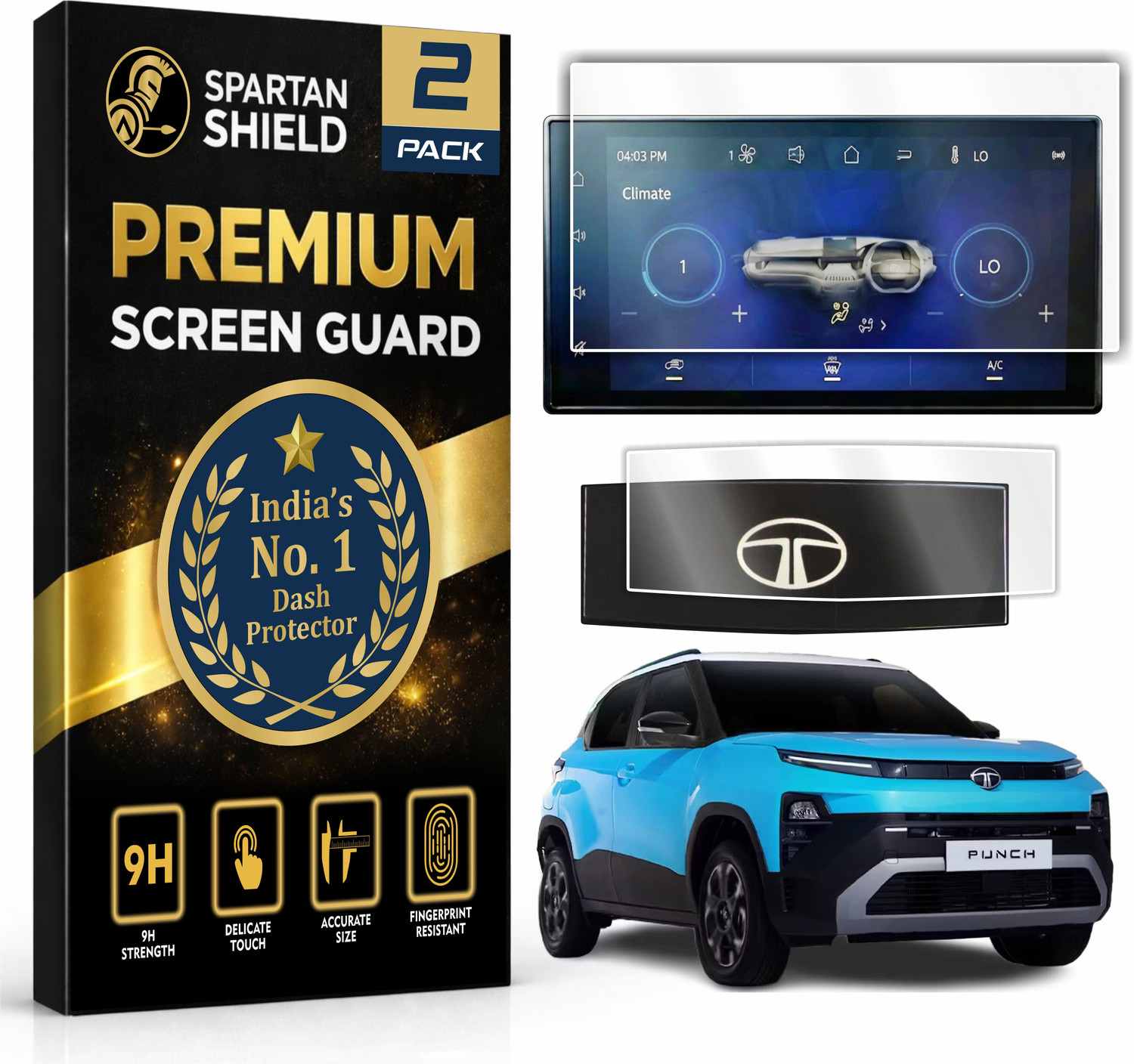 Image of spartan shield Screen Guard for TATA PUNCH 2026 Facelift PURE+, PURE+S, ADVENTURE & ADVENTURE+S NEW MODELS | COMBO PACK | 8 INCH INFOTAINMENT TOUCHSCREEN + STEERING CLUSTER PROTECTOR || Anti Scratch | HD Clarity | Water Resistant || Only Compatible with TataPunch 9H Car Display Accessories 2025+ [Not Tempered Glass]