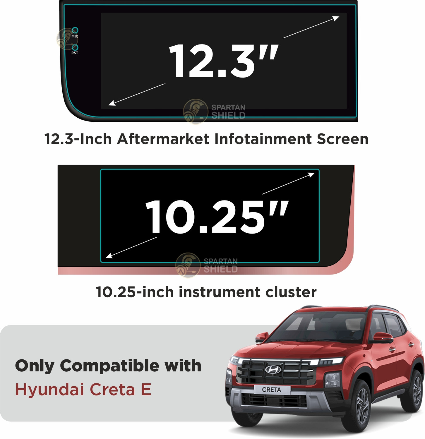 Image of spartan shield Screen Guard for HYUNDAI CRETA E, 12.3 INCH CRETA AFTERMARKET INFOTAINMENT + 10.25 DIGITAL INSTRUMENT CLUSTER PROTECTOR, BASE MODEL, Car Display Accessories 2024 [Not Tempered Glass]