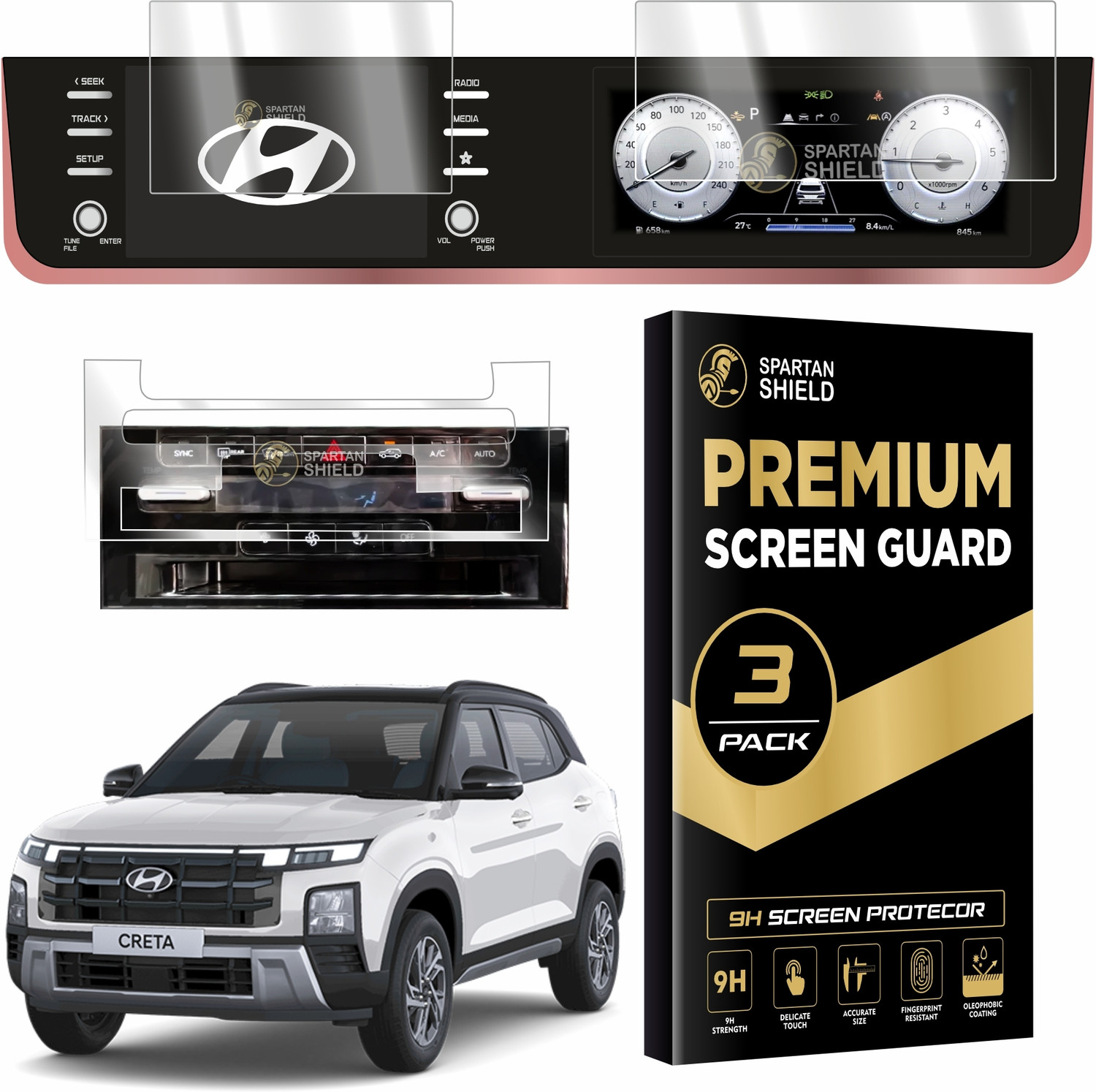 Image of spartan shield Screen Guard for HYUNDAI CRETA 2024 FACELIFT, 8 Inch INFOTAINMENT + 10.25 DIGITAL INSTRUMENT CLUSTER + AC Panel Protector | S SO Optional | Anti Scratch Car Display Accessories [Not Tempered Glass]