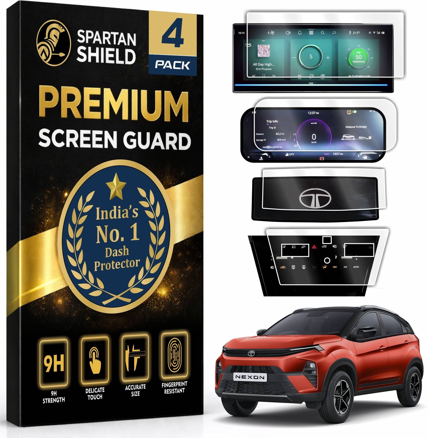 spartan shield Screen Guard for TATA NEXON 2026 Facelift [4 PACK] || Fearless + PS, DK & RDK || 10.25 INCH INFOTAINMENT [THIN CORNERS] + 10 inches MID + AC PANEL + STEERING CLUSTER Protector || Anti Scratch | Water Resistant | HD Clarity || Nexon Top Model Car Display Accessories 2025+ [Not Tempered Glass] [Not Compatible with Creative + PS DK]