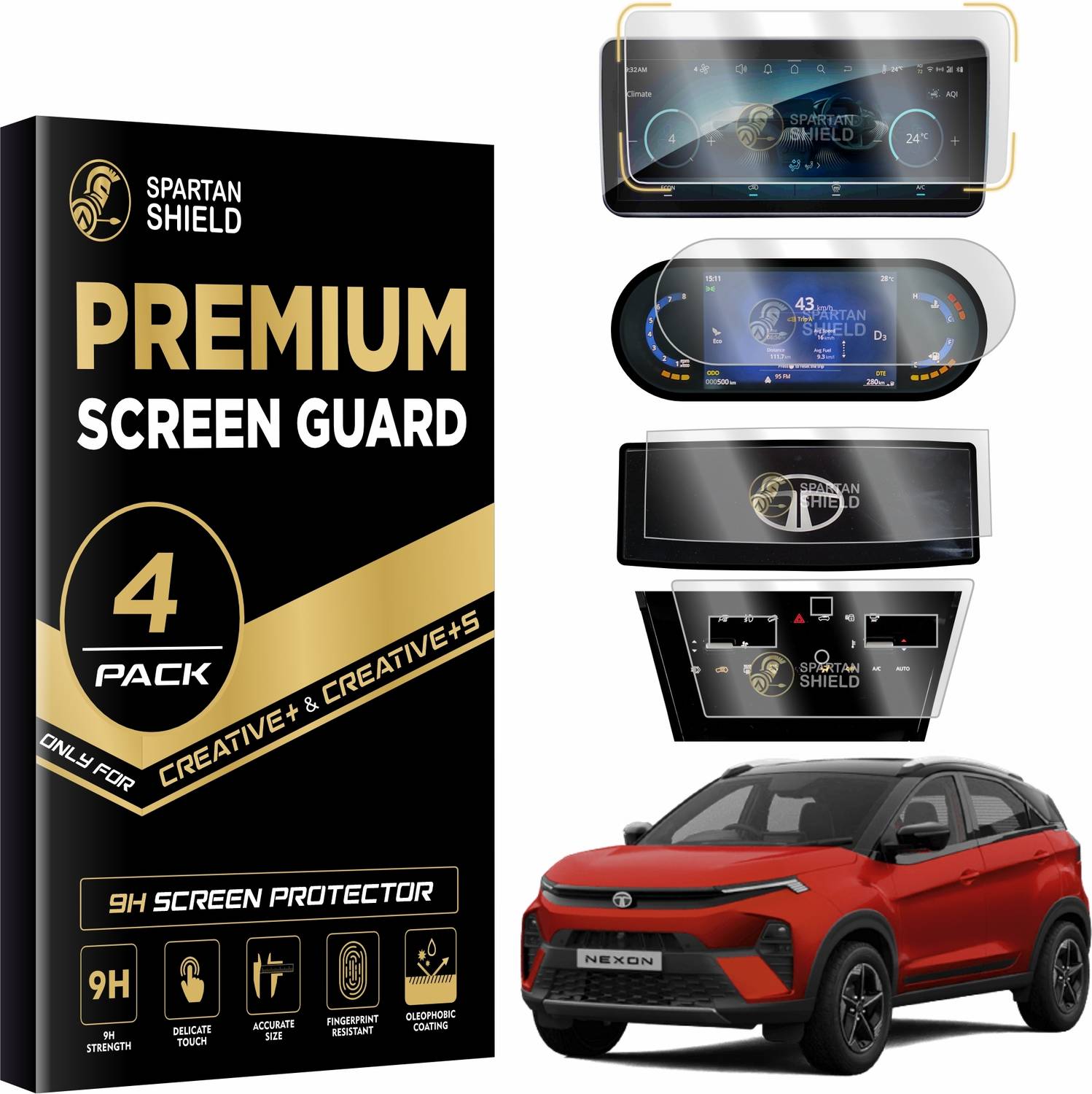 spartan shield Screen Guard for TATA NEXON 2023, 10.25 INCH INFOTAINMENT [Round Corners] +7 INCH INSTRUMENT CLUSTER + STEERING + AC PANEL Protector, Anti Scratch | Water Resistant | Nexon Creative+ Creative+S Car Digital Display Accessories [Not Tempered Glass]