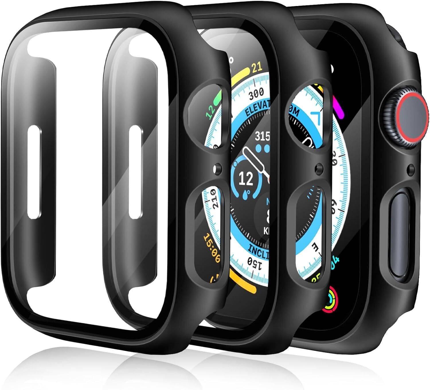 LN KART Screen Guard for [2 Pack] Case for Apple Watch Series 9 Screen Protector 45mm Series 8 Series 7, EWUONU Hard PC Bumper Cover HD Tempered Glass Full Protective Case for iWatch Series 9/8/7 Accessories 45mm, Black