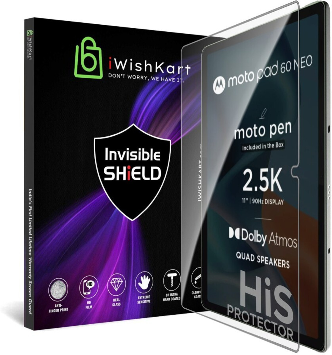 Image of iWishKart Screen Guard for Motorola Moto Pad 60 Neo 11 Inch, Military grade Edge to Edge Premium gorilla temper / tg black glass screenguard with Self Installation Guide - Wet & Dry wipes, Dust Absorber [With Warranty] tab / tablet ka gilas cover, Pad60 Neo