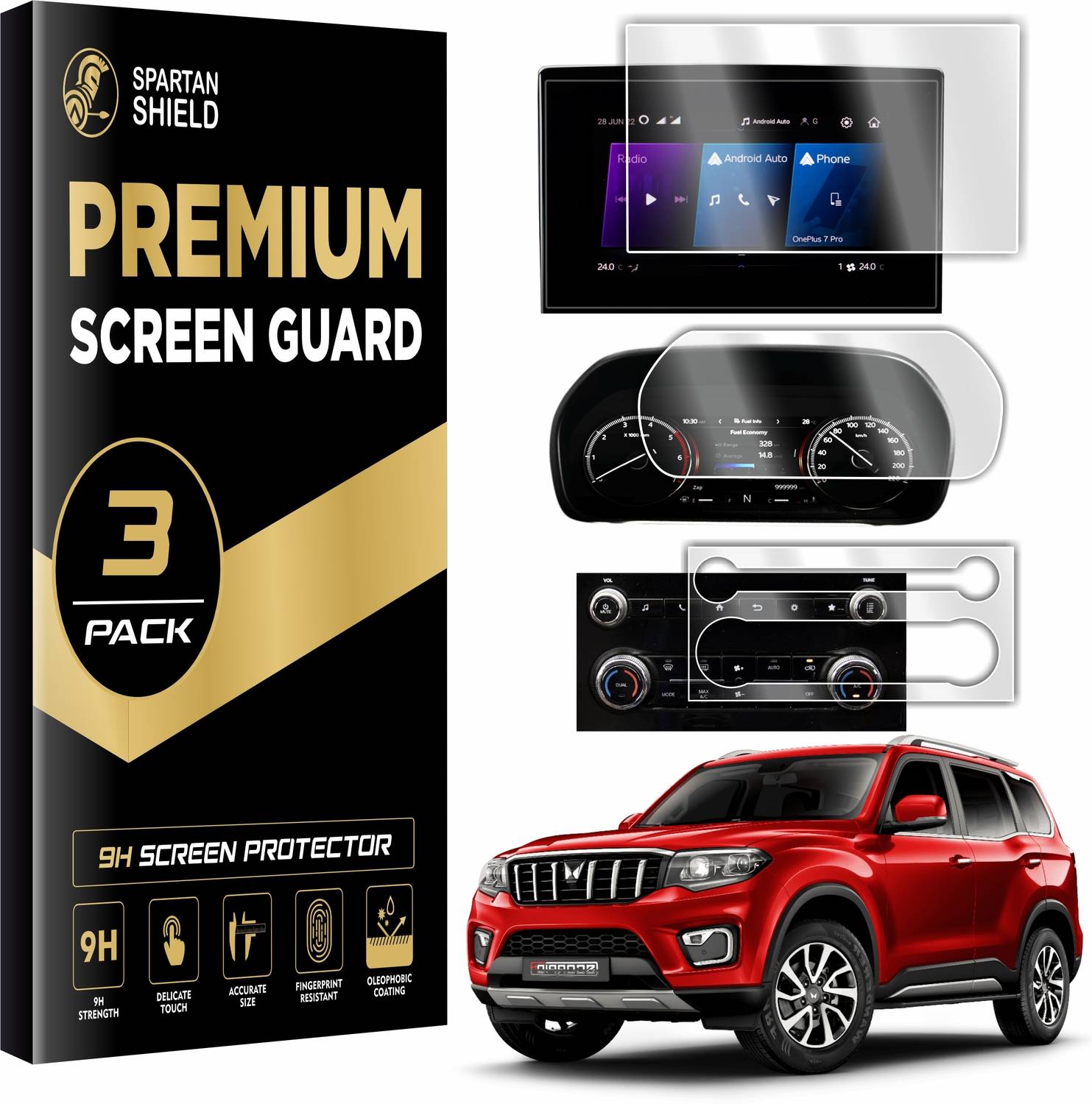 spartan shield Screen Guard for MAHINDRA SCORPIO N 2022-Running, INFOTAINMENT 8 INCH + INSTRUMENT CLUSTER + AC CONTROL PANEL Protector, Car TouchScreen Display Accessories ScorpioN 2025 [Not Tempered Glass]