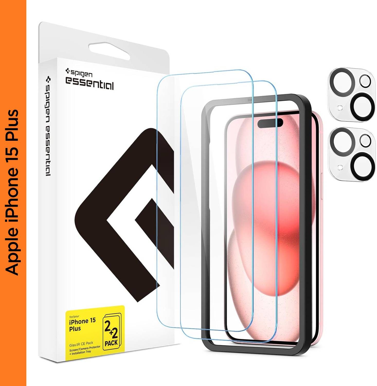 Spigen Tempered Glass Guard for iPhone 15 Plus Glass 2 Pack + Ca