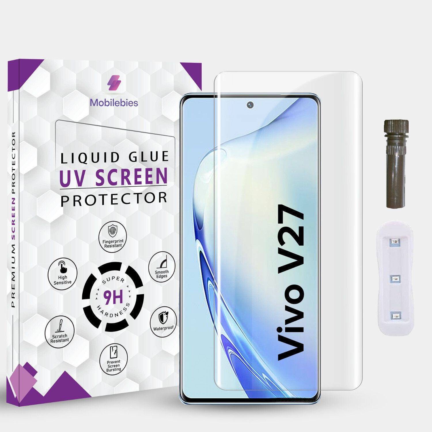 Image of Mobilebies Tempered Glass Guard for Vivo V27 Advanced HD+ UV Tempered Glass Screen Protector - Edge-to-Edge Full Coverage, Scratch Resistant, Anti-Fingerprint