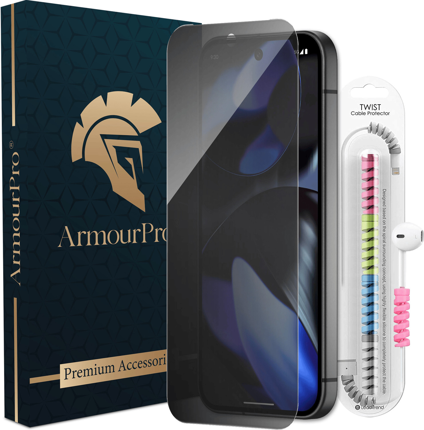 Image of ArmourPro Tempered Glass Guard for Google Pixel 9 5G, Pixel 9 Pro, Google Pixel 10, Pixel 10 Pro, Bordless Privacy Anti-Spy Protection with Cable Protector