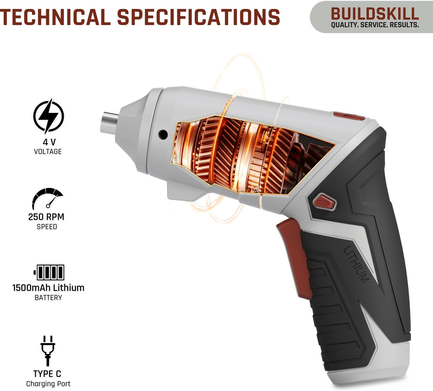 Image of BUILDSKILL BCS4V19 4V Cordless Screw Driver Kit | 19 Pcs | 4 N.M. Torque | 250RPM | Forward-Reverse Collated Screw Gun