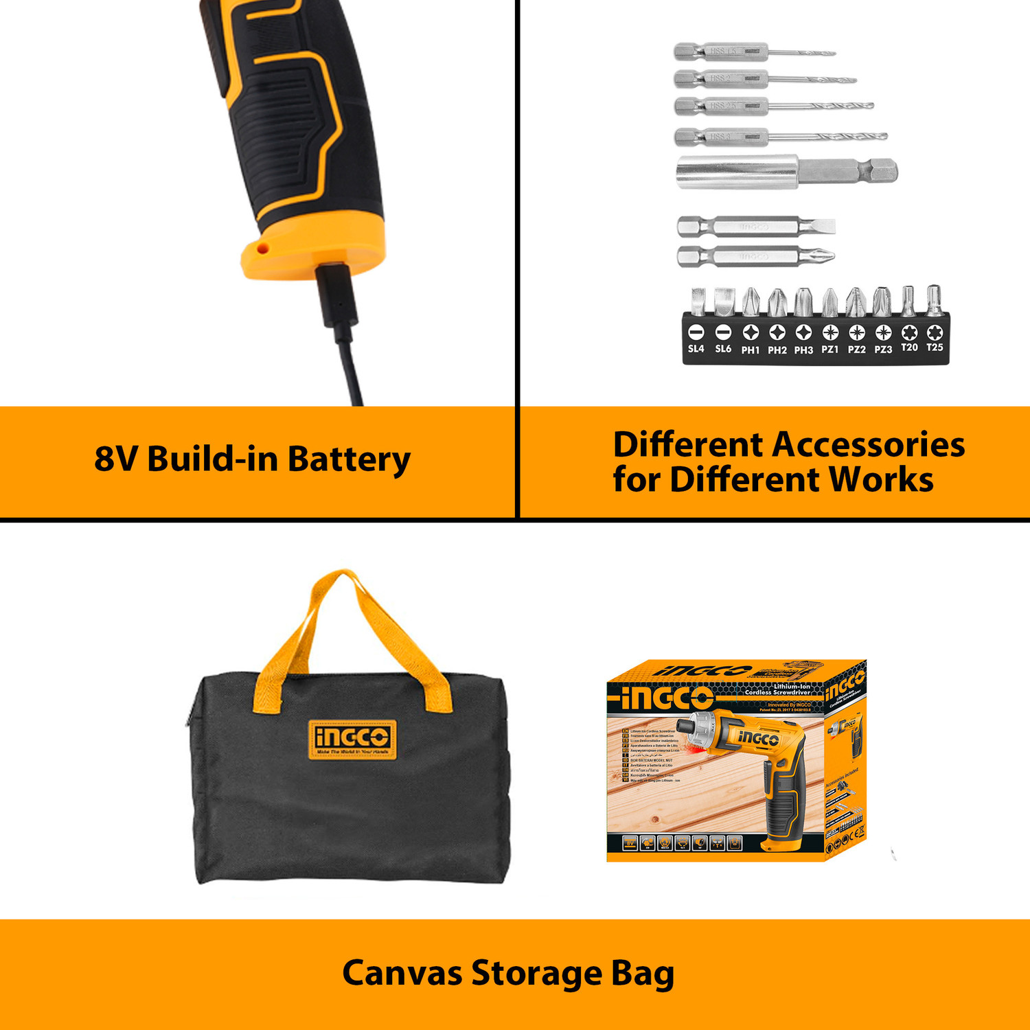 Image of INGCO Type-C Charging Port, with Charger, Screwdriver Bits, Carrying Bag, Type-C Charging Port, with Charger, Screwdriver Bits, Carrying Bag, Drywall Screw Gun