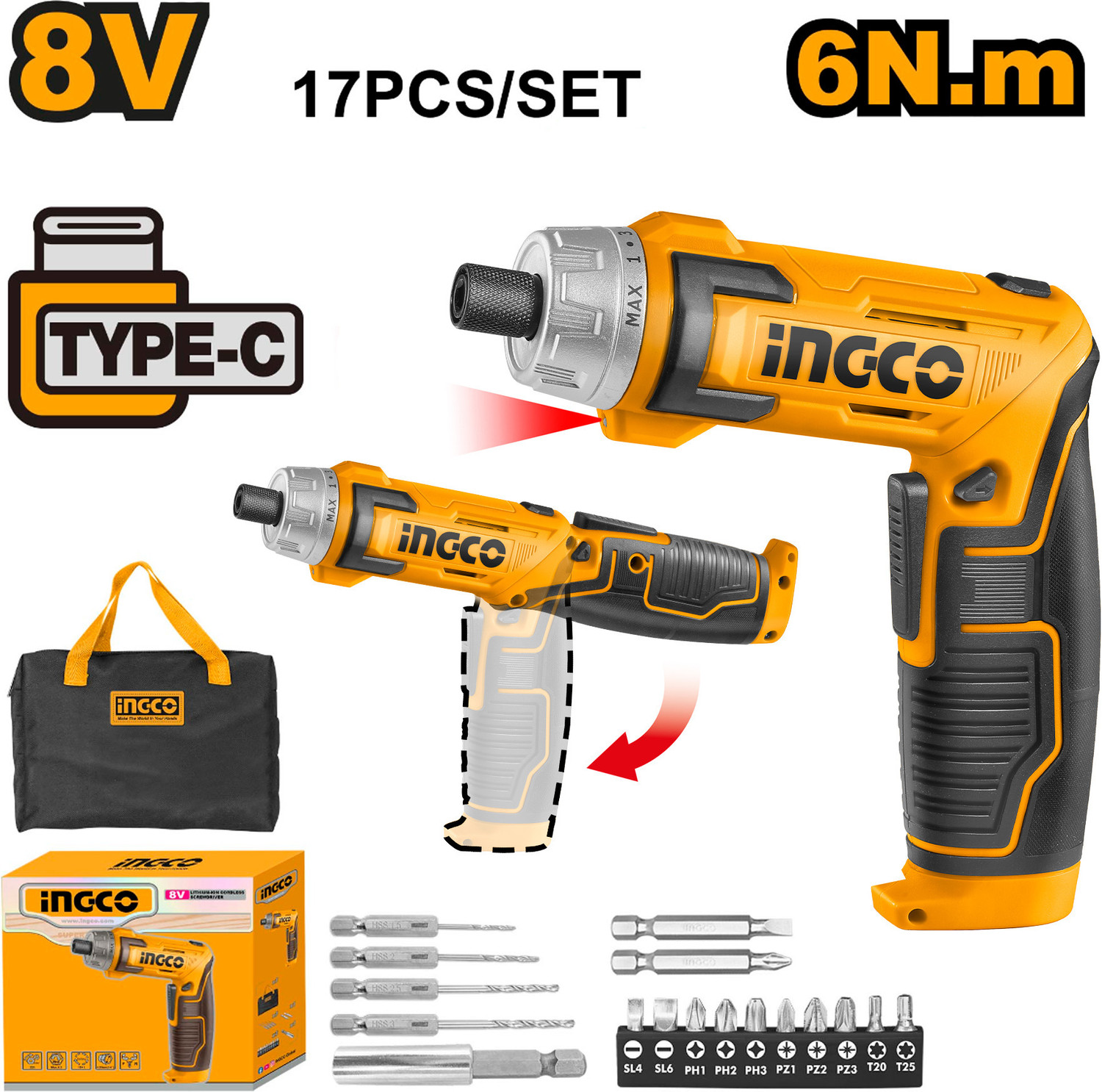 Image of INGCO Type-C Charging Port, with Charger, Screwdriver Bits, Carrying Bag, Type-C Charging Port, with Charger, Screwdriver Bits, Carrying Bag, Drywall Screw Gun