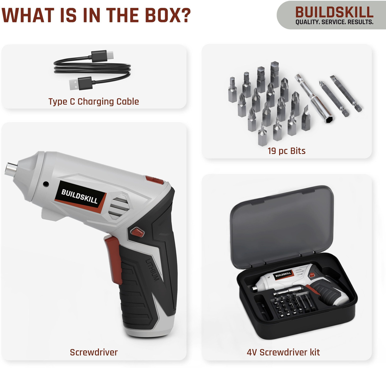 Image of BUILDSKILL BCS4V19 4V Cordless Screw Driver Kit | 19 Pcs | 4 N.M. Torque | 250RPM | Forward-Reverse Collated Screw Gun
