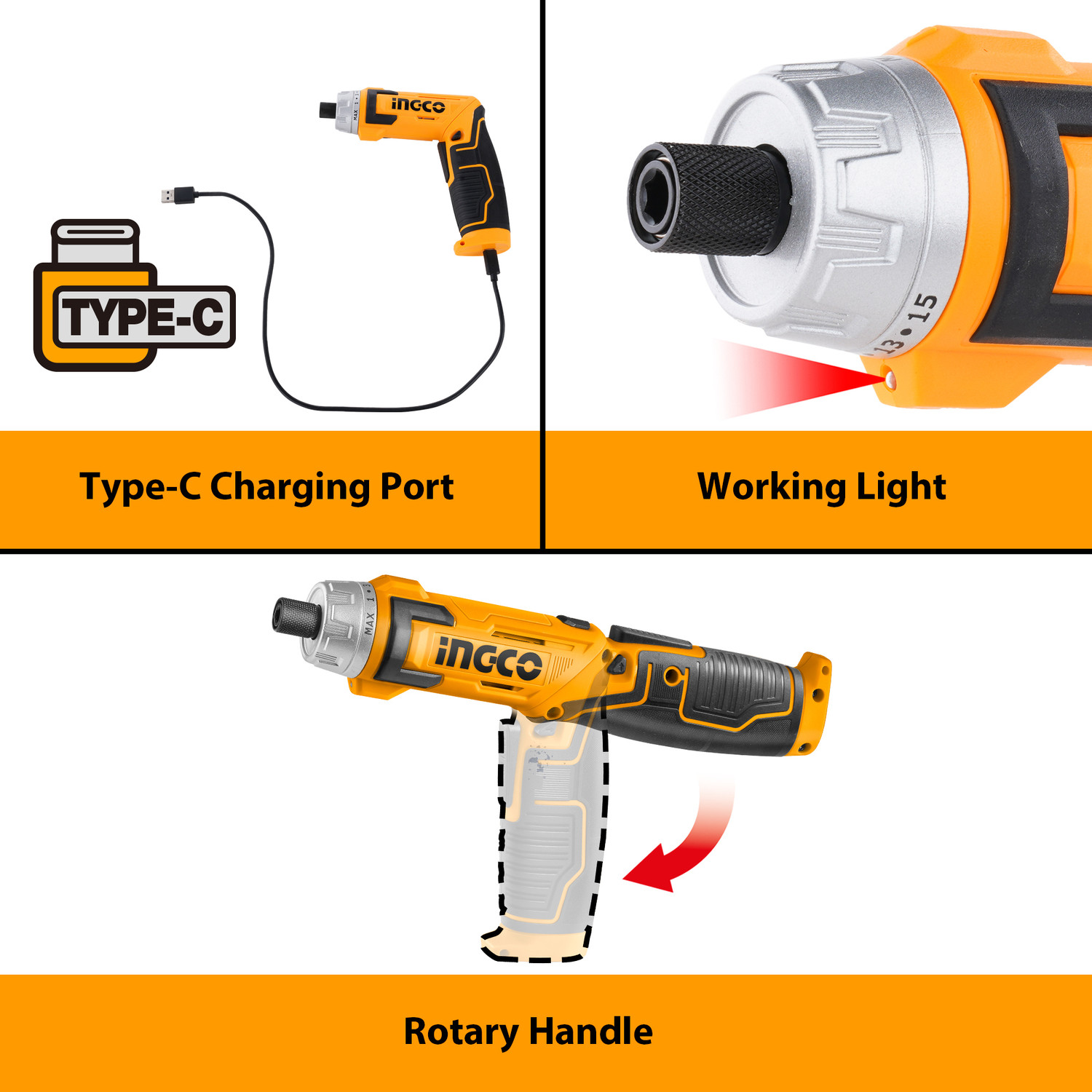 Image of INGCO Type-C Charging Port, with Charger, Screwdriver Bits, Carrying Bag, Type-C Charging Port, with Charger, Screwdriver Bits, Carrying Bag, Drywall Screw Gun