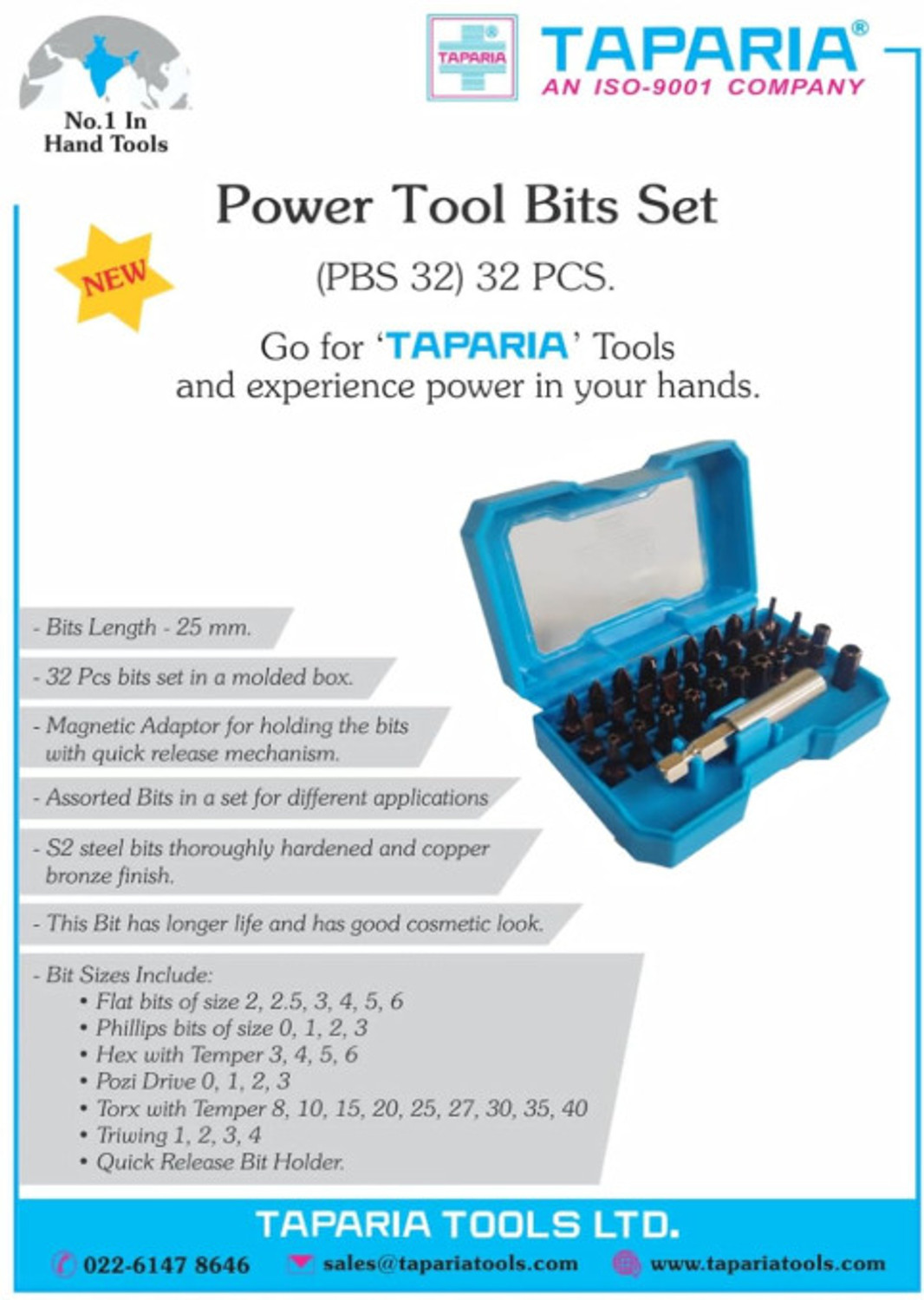 Image of TAPARIA Power Tool Bits Set (32pcs) Magnetic Power Tool Bits Set Iron Blue Screw Driver Set Screwdriver Bit Set