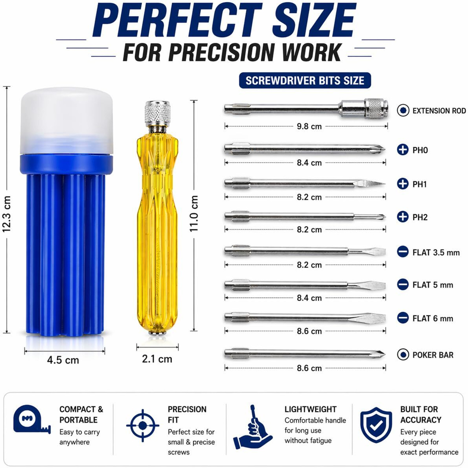 Image of Kshivi 8-in-1 Screw Driver Kit With 3 Flat Blades, 3 Phillips Head, 1 Round Poker Bar Combination Screwdriver Set