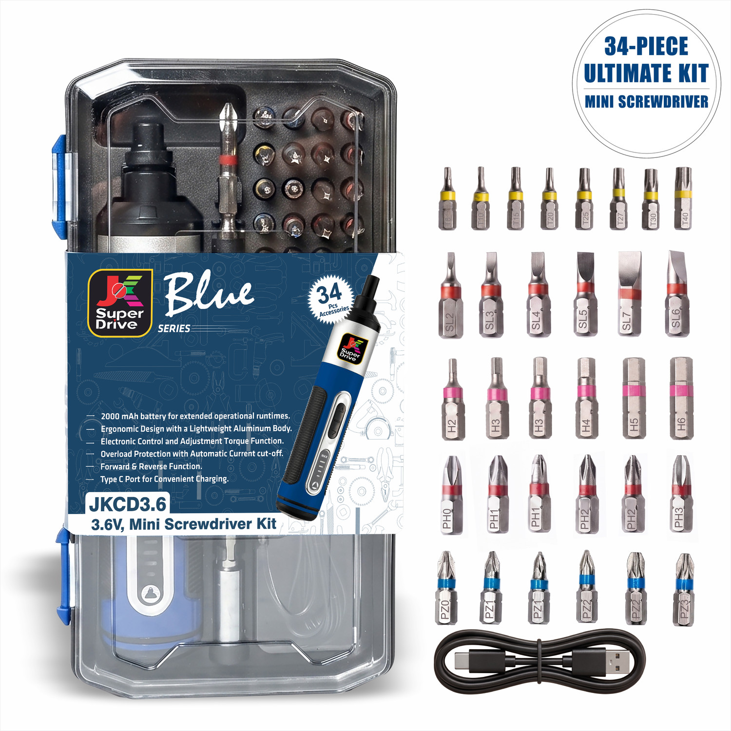Image of JK Super Drive 3.6V Mini Cordless Screwdriver Rechargeable Li-ion Battery & LED Light Standard Screwdriver