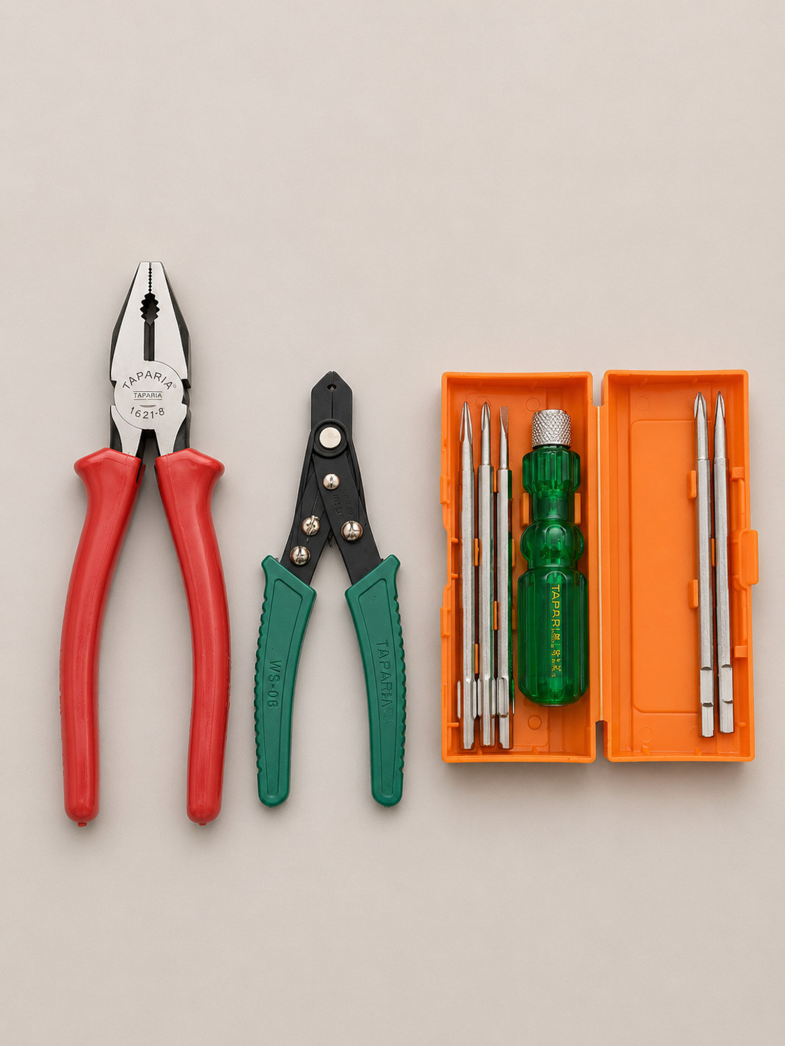 Image of TAPARIA 1621-8 Combination Plier, WS-06 Wire Stripper & 840 Screwdriver Set Combo Pack Combination Screwdriver Set