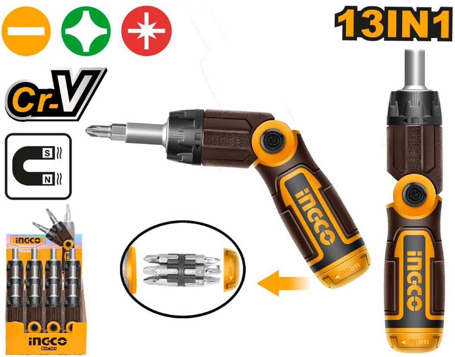 Image of INGCO 13-in-1 Ratchet Screwdriver Set for DIY & Professional Repair Ratchet Screwdriver