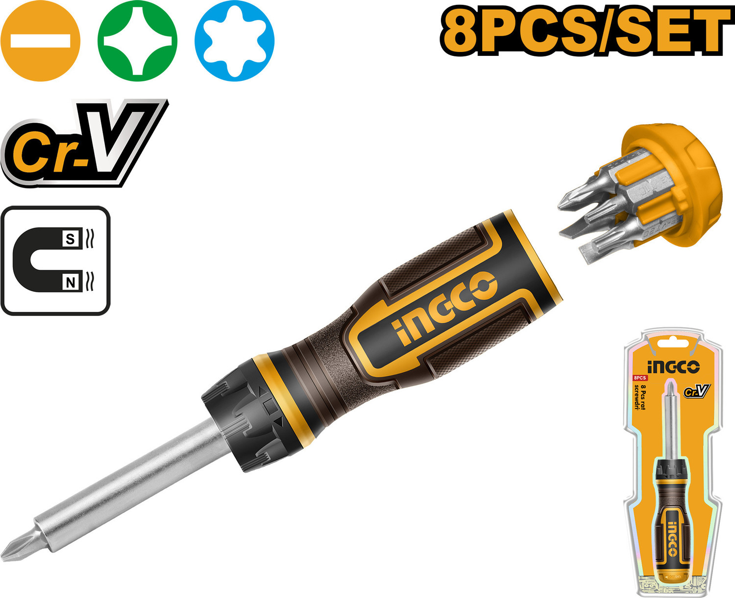 Image of INGCO 8 Pcs ratchet screwdriver set Combination Screwdriver (Pack of 1)