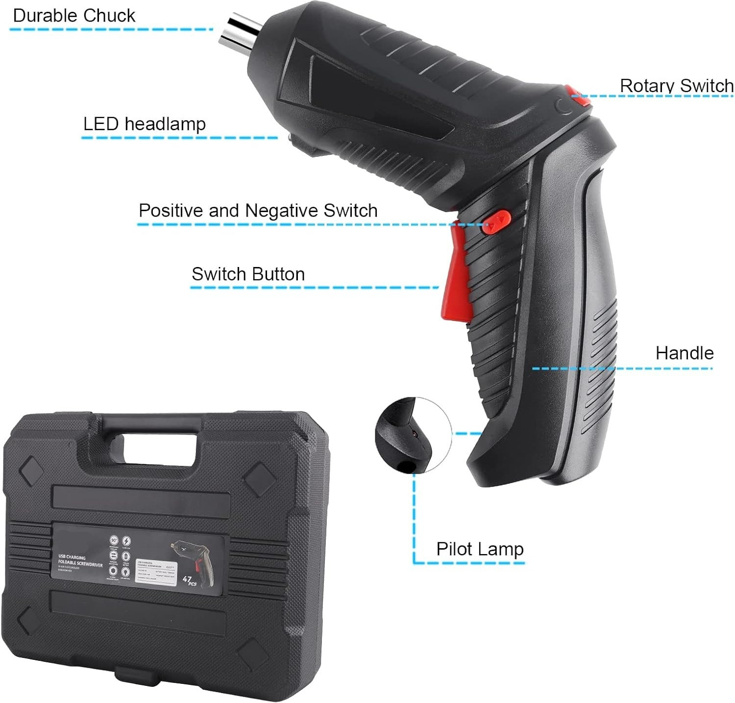 Image of TREATTOES 47 in 1 Electric Screwdriver | USB Rechargeable | Cordless Drill Screwdriver T02 Long Handle Screwdriver Set