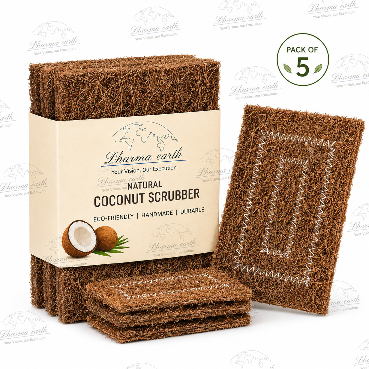 Image of DHARMA EARTH DE Natural Coconut Nut Scrubber for Kitchen Cleaning| Scrub Pad (Large, Pack of 5)