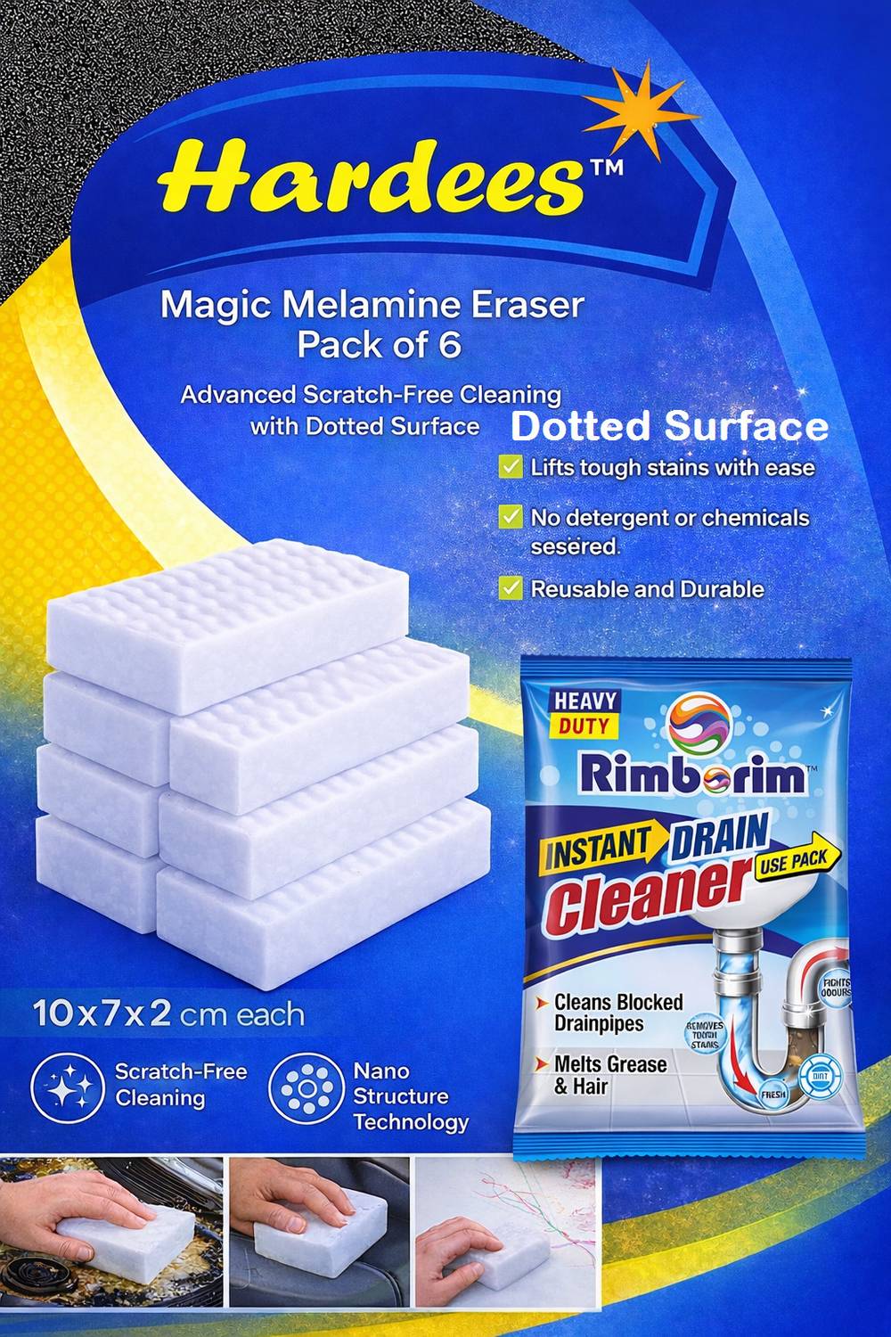 Hardees Magic Eraser Sponge Heavy Duty with Free Rimborim Drain Cleaner Pack Of 1 Scrub Pad, Scrub Sponge, Sponge Wipe — Cleaning Tools