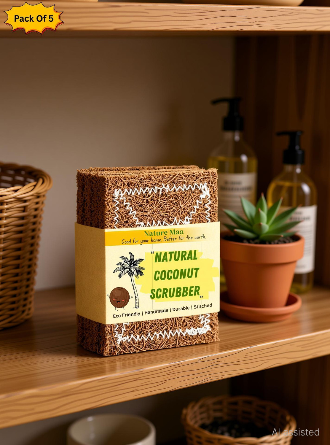 Image of Nature Maa Coconut Coir Stitched Kitchen Scrubber for Utensils Cleaning Scrub Pad