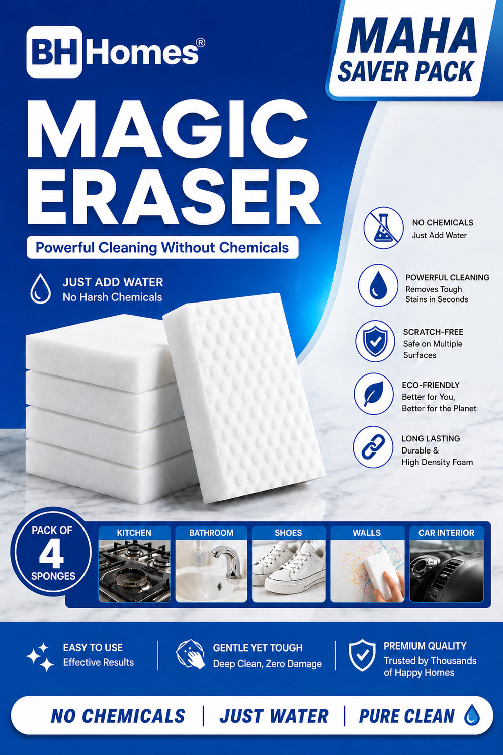 Image of Ardo BH Homes Magic Eraser Cleaning Pack of 4 | Chemical-Free & Multi-Purpose Use Scrub Pad, Scrub Sponge, Sponge Wipe