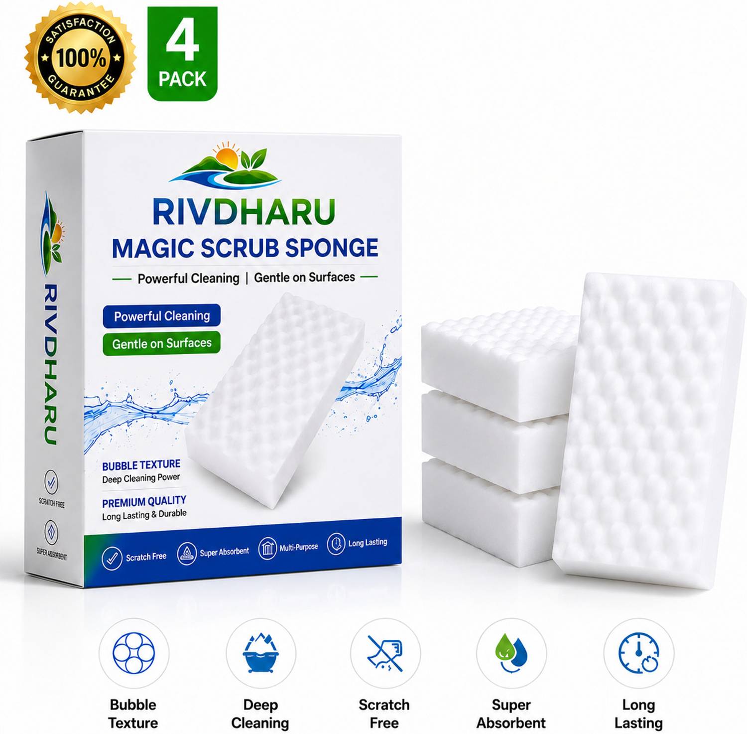 RIVDHARU Magic Eraser Sponge Multipurpose Melamine Foam Cleaner Wall Kitchen Pack of 4 Scrub Sponge, Scrub Pad — Cleaning Tools