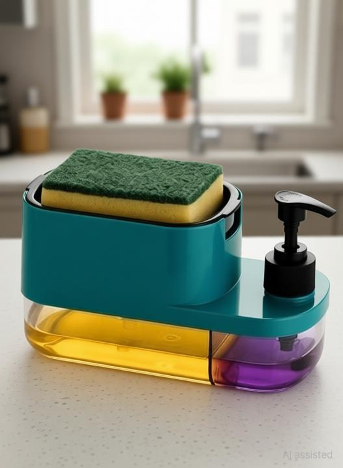 Image of Ardo 3-in-1 soap dispenser for kitchen 400 ml Liquid, Soap Dispenser Scrub Pad