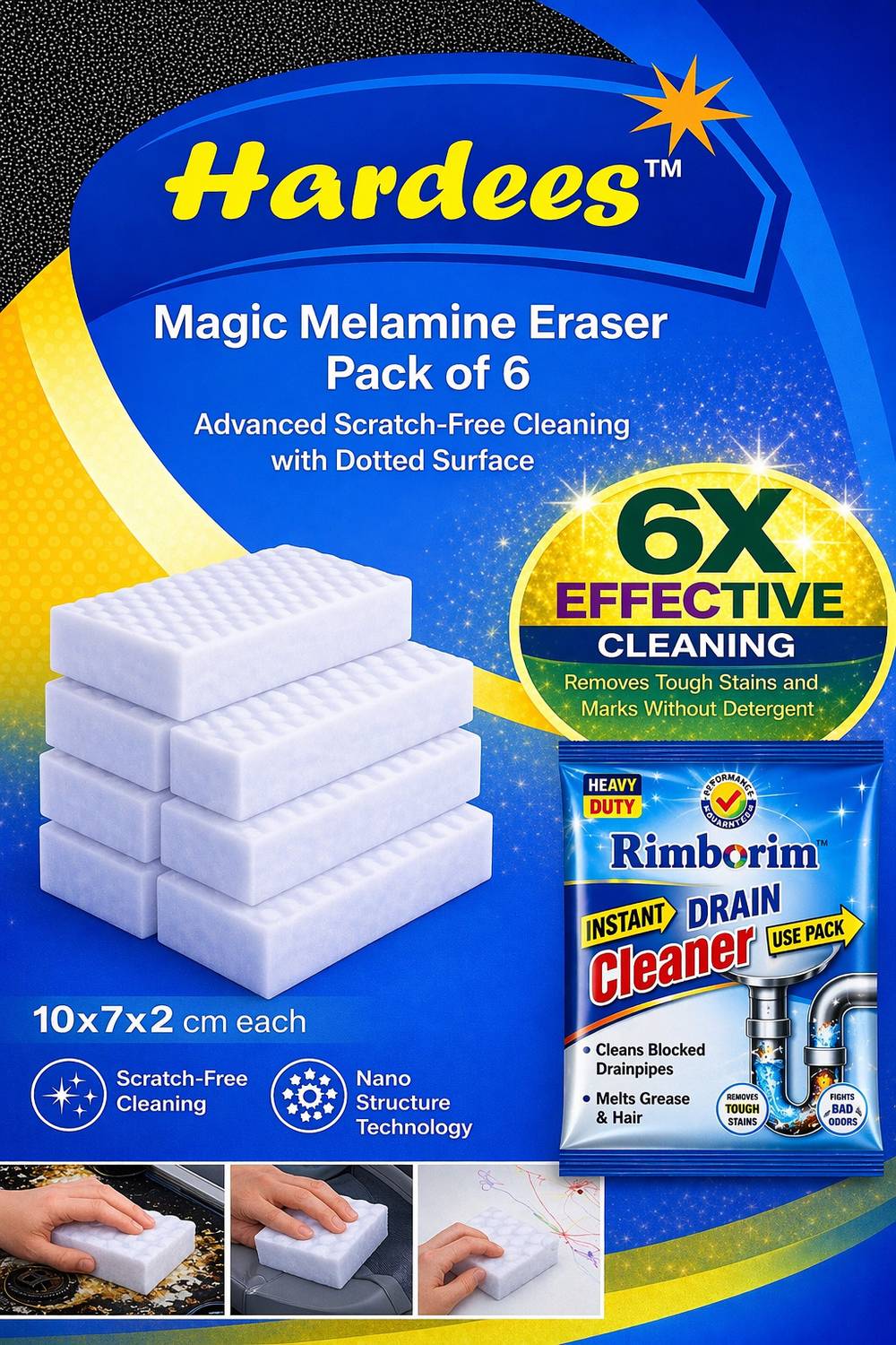 Hardees Magic Eraser Sponge Multi Surface use with Free Rimborim Drain Cleaner Pack Of 1 Scrub Pad, Scrub Sponge, Sponge Wipe — Cleaning Tools